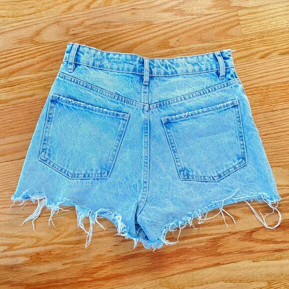 ZARA Wash Blue Denim Distresses Button Fly High Rise Cut Out Style Shorts 4us - Picture 8 of 10